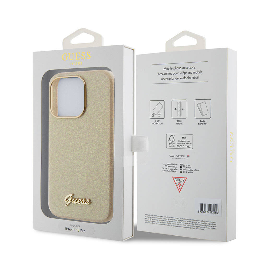 Apple iPhone 15 Pro Max Kılıf Guess Orjinal Lisanslı Yazı Logolu Glitter Glossy Script Kapak Gold
