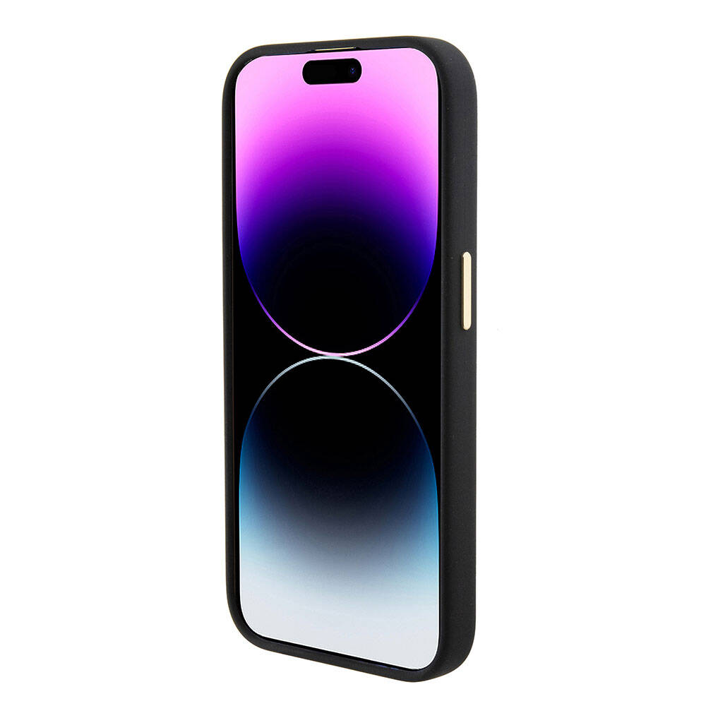 Apple iPhone 15 Pro Max Kılıf Guess Orjinal Lisanslı Yazı ve Taşlı 4G Logolu Metal Kamera Çerçeveli Silikon Kapak Pembe