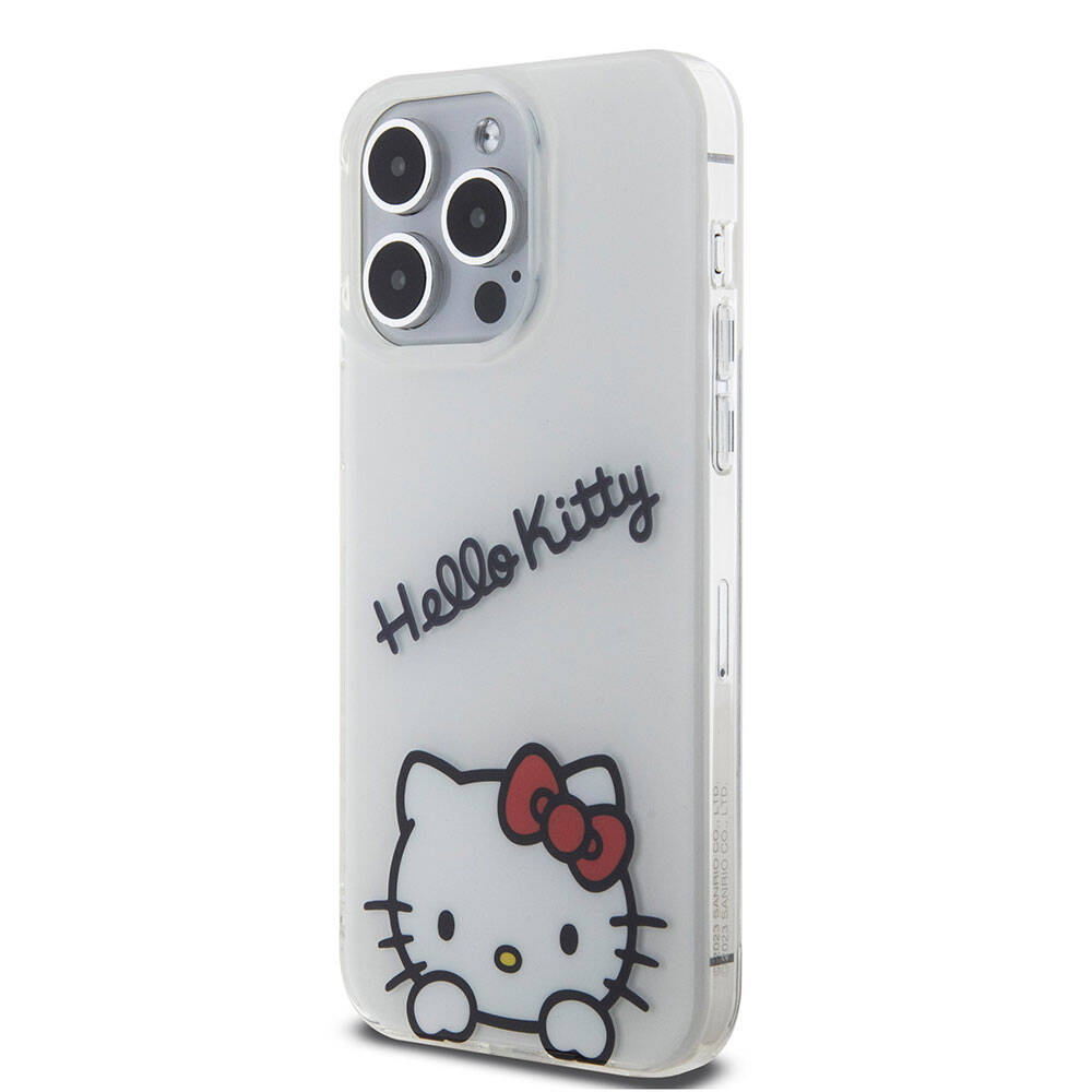 Apple iPhone 15 Pro Max Kılıf Hello Kitty Orjinal Lisanslı Askılı Yazı ve İkonik Logolu Daydreaming Kapak Beyaz