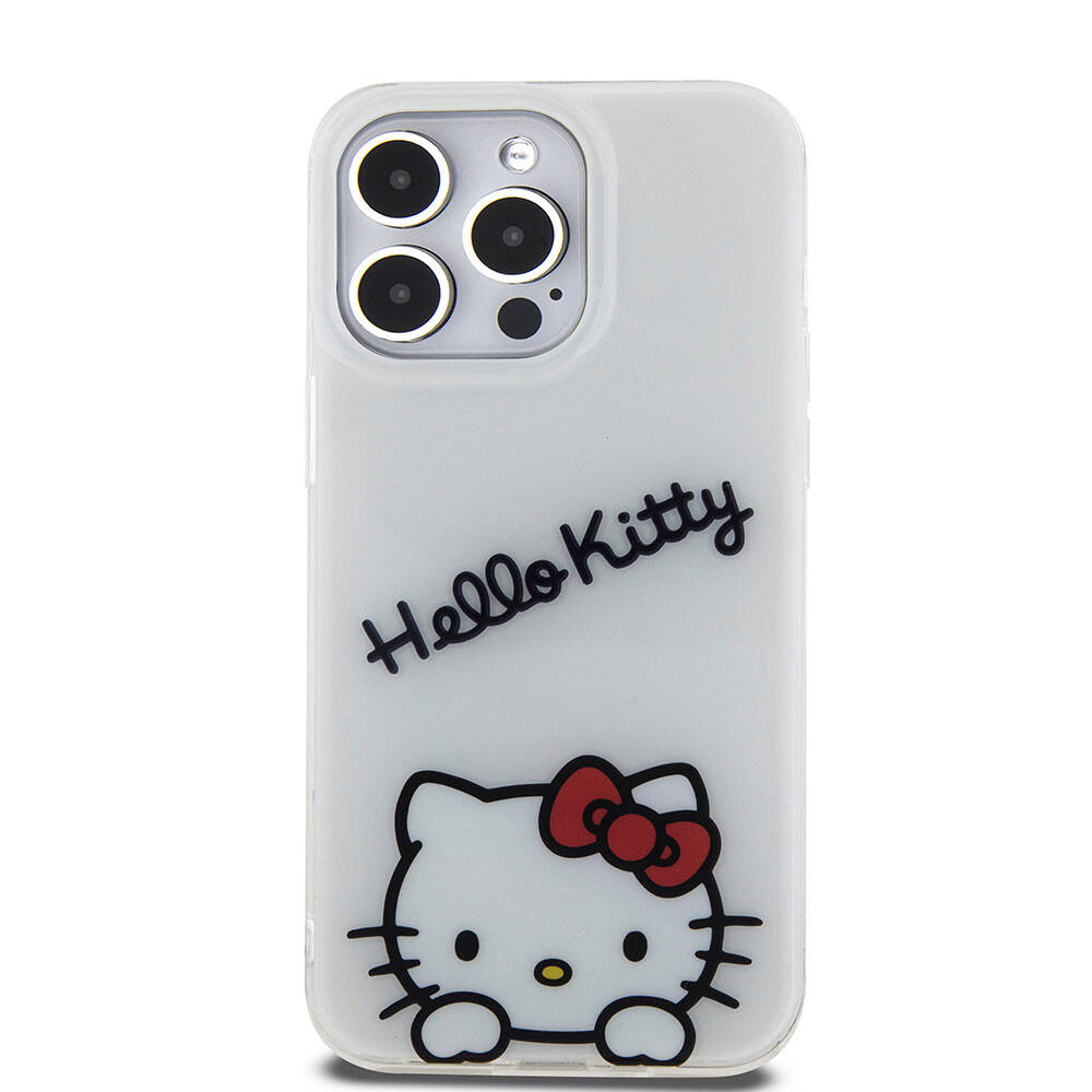 Apple iPhone 15 Pro Max Kılıf Hello Kitty Orjinal Lisanslı Askılı Yazı ve İkonik Logolu Daydreaming Kapak Pembe