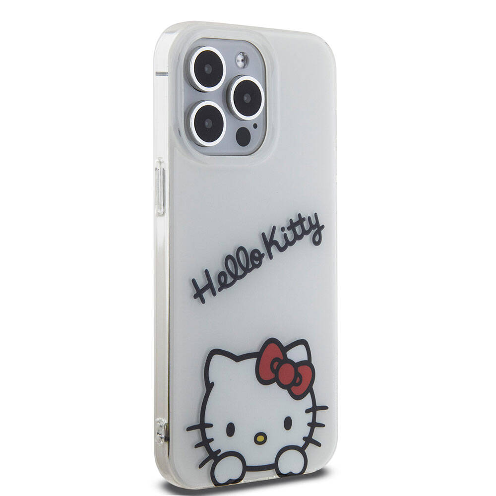 Apple iPhone 15 Pro Max Kılıf Hello Kitty Orjinal Lisanslı Askılı Yazı ve İkonik Logolu Daydreaming Kapak Pembe