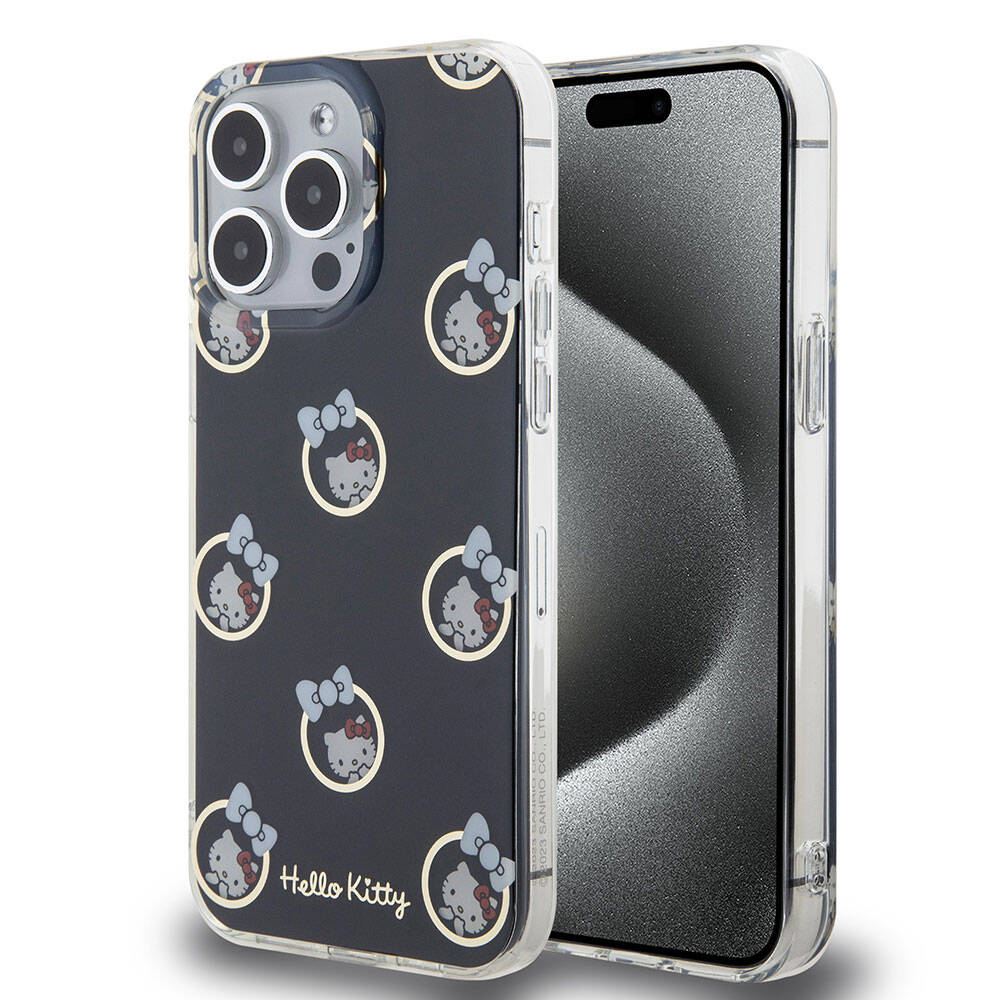 Apple iPhone 15 Pro Max Kılıf Hello Kitty Orjinal Lisanslı Elektroplating Kaplama Kabarcık Baskılı Kapak Siyah