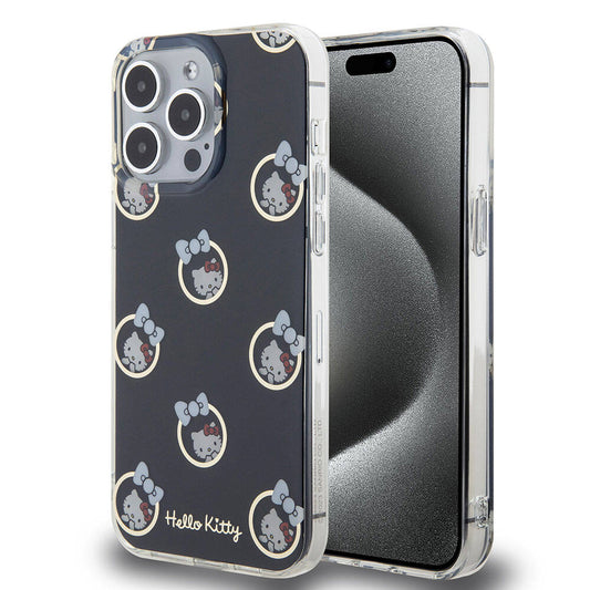 Apple iPhone 15 Pro Max Kılıf Hello Kitty Orjinal Lisanslı Elektroplating Kaplama Kabarcık Baskılı Kapak Siyah