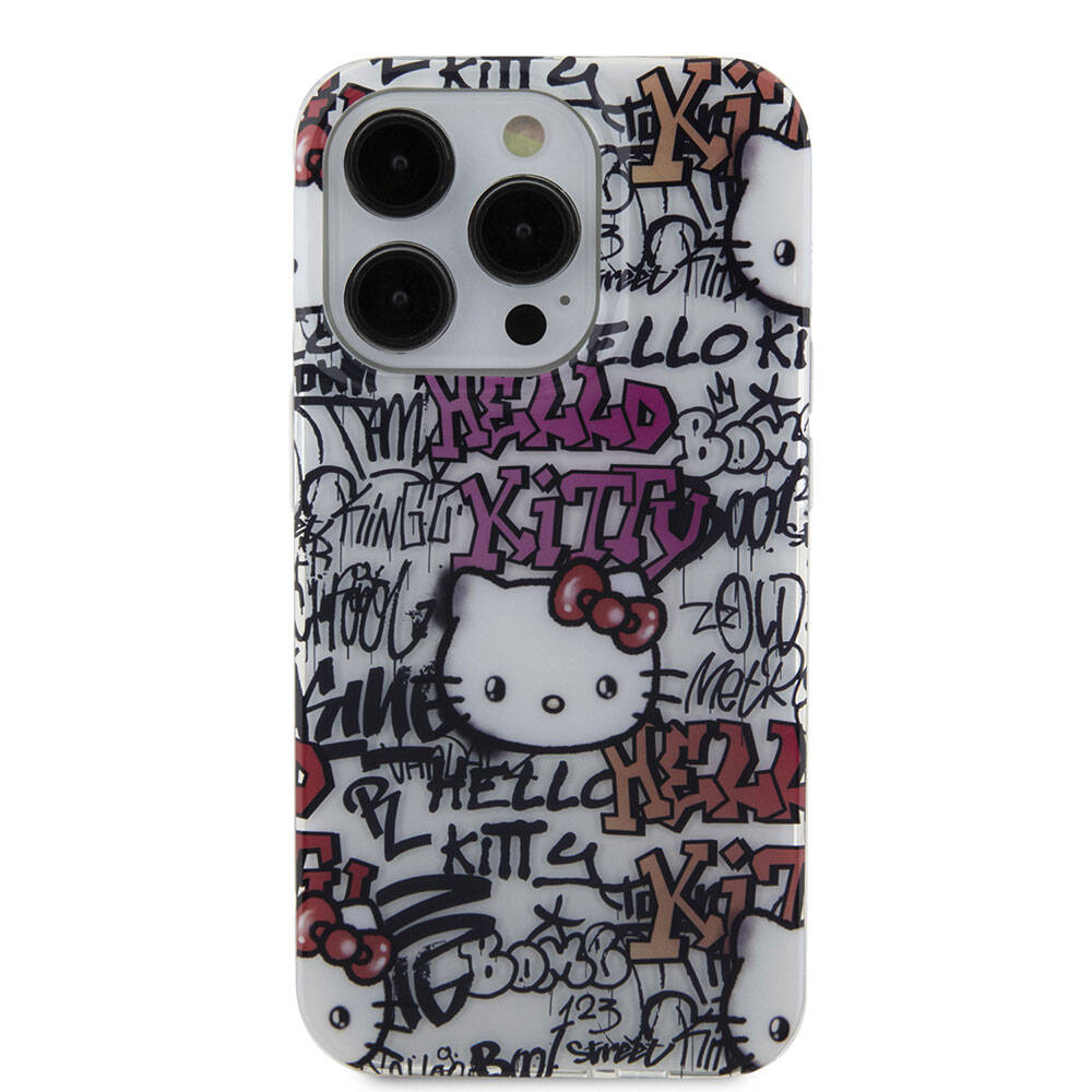 Apple iPhone 15 Pro Max Kılıf Hello Kitty Orjinal Lisanslı İkonik Logolu Etiket Graffiti Kapak Pembe