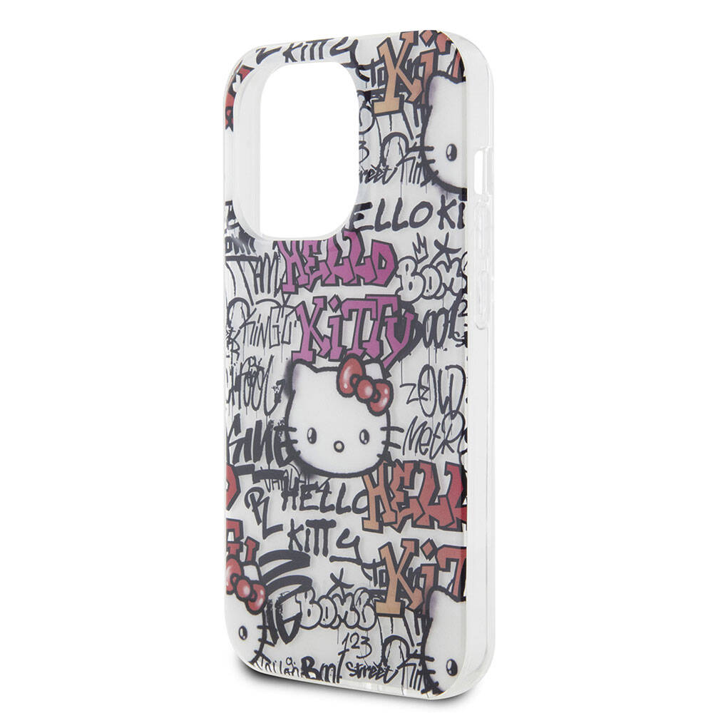 Apple iPhone 15 Pro Max Kılıf Hello Kitty Orjinal Lisanslı İkonik Logolu Etiket Graffiti Kapak Beyaz
