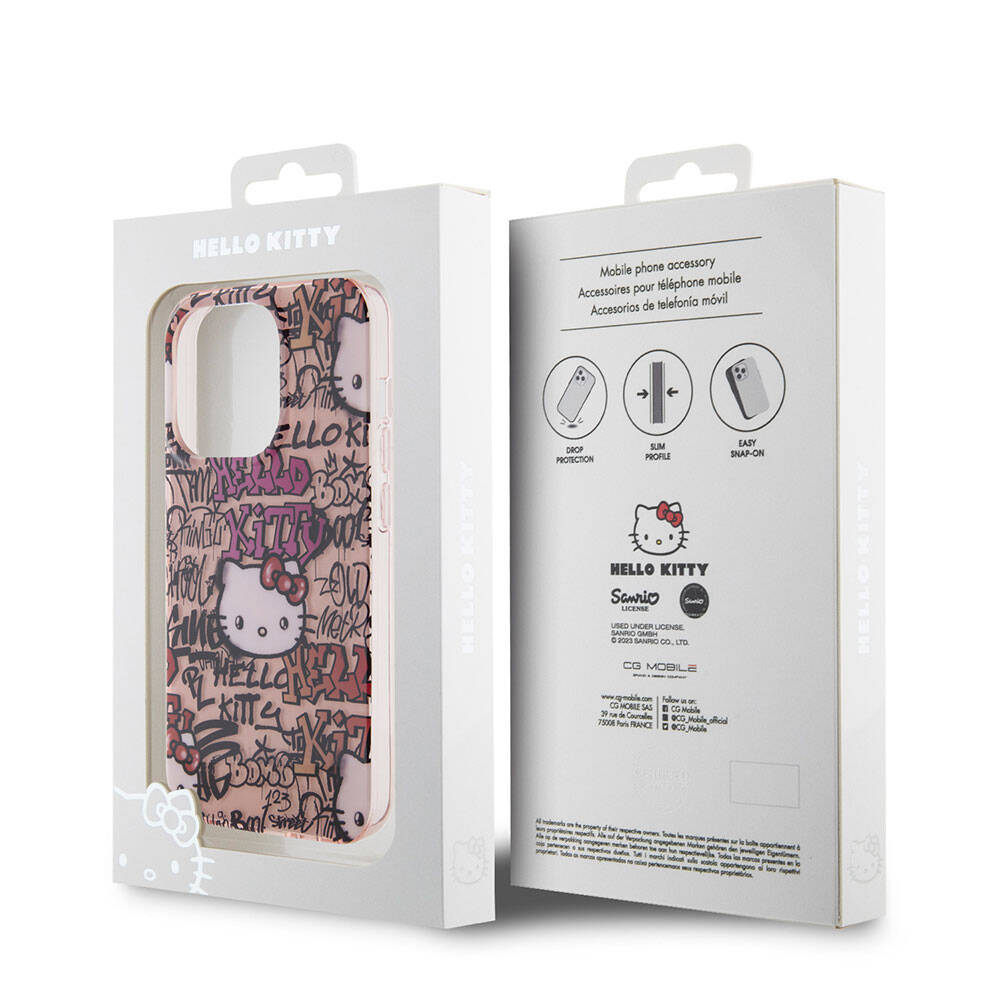 Apple iPhone 15 Pro Max Kılıf Hello Kitty Orjinal Lisanslı İkonik Logolu Etiket Graffiti Kapak Pembe