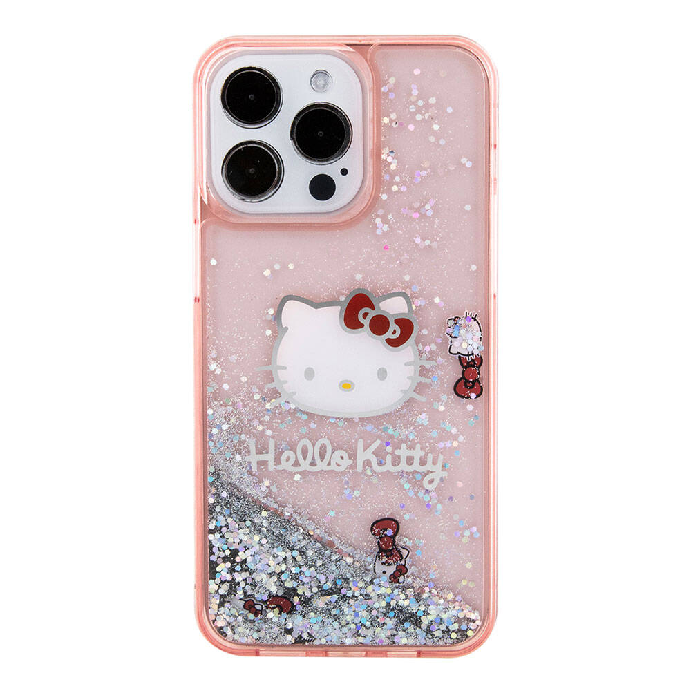 Apple iPhone 15 Pro Max Kılıf Hello Kitty Orjinal Lisanslı İkonik Sıvılı Glitter Kapak Pembe