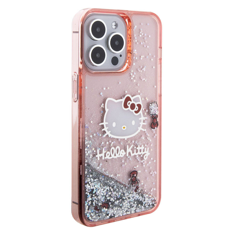 Apple iPhone 15 Pro Max Kılıf Hello Kitty Orjinal Lisanslı İkonik Sıvılı Glitter Kapak Pembe