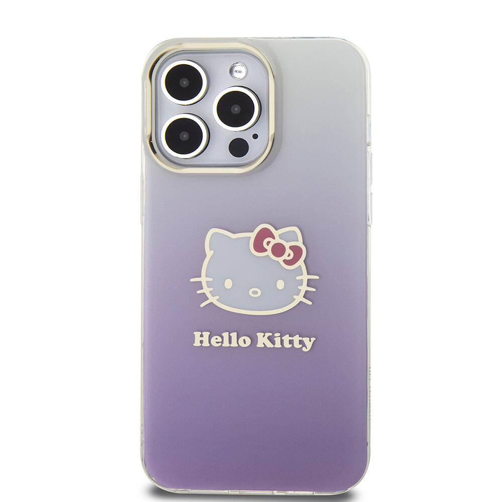 Apple iPhone 15 Pro Max Kılıf Hello Kitty Orjinal Lisanslı Yazı ve İkonik Logolu Elektroplating Kaplama Gradyan Kapak Mor