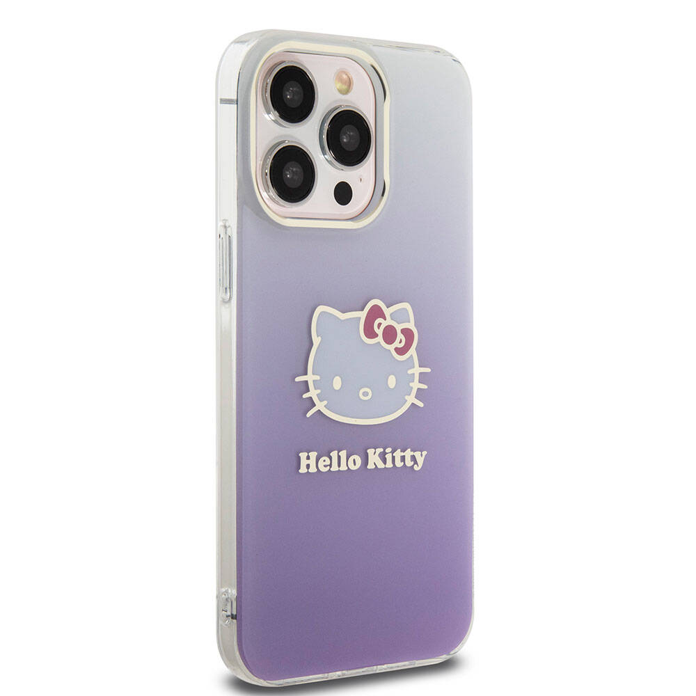 Apple iPhone 15 Pro Max Kılıf Hello Kitty Orjinal Lisanslı Yazı ve İkonik Logolu Elektroplating Kaplama Gradyan Kapak Mor