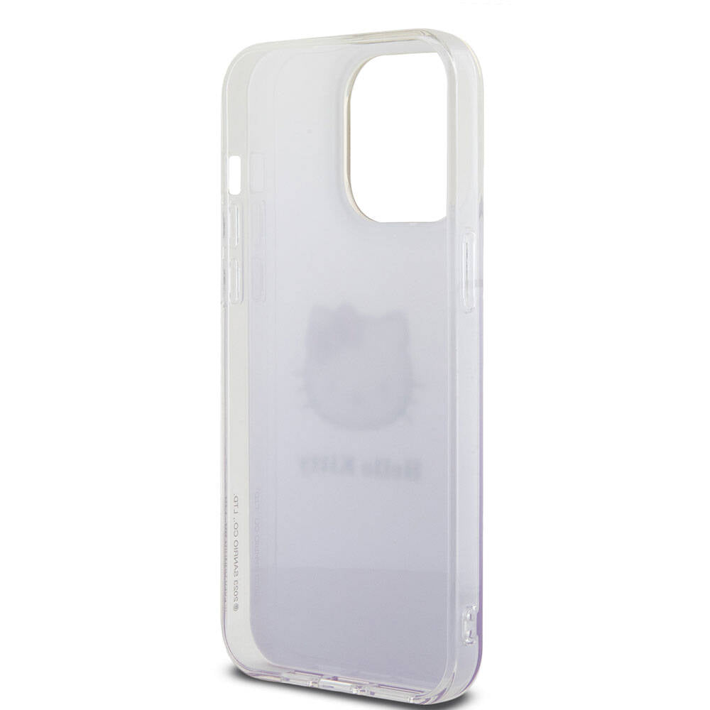 Apple iPhone 15 Pro Max Kılıf Hello Kitty Orjinal Lisanslı Yazı ve İkonik Logolu Elektroplating Kaplama Gradyan Kapak Mor