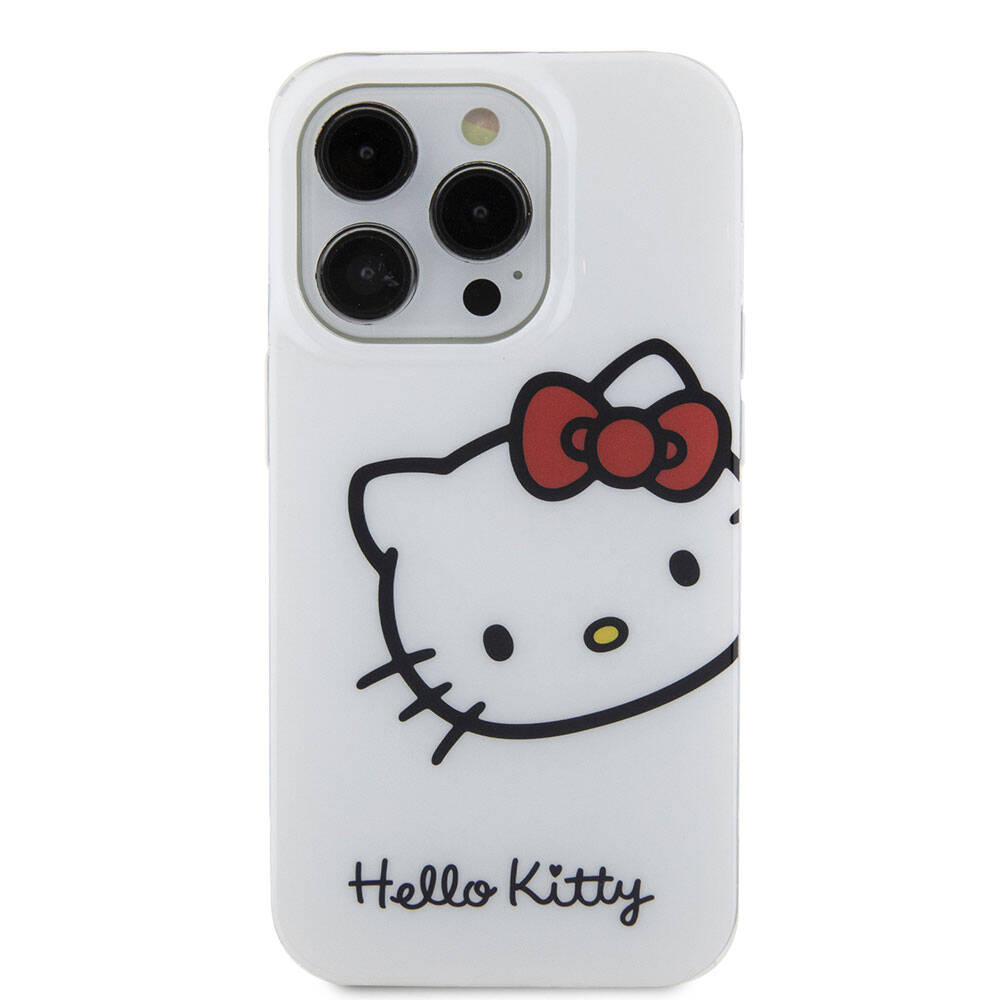 Apple iPhone 15 Pro Max Kılıf Hello Kitty Orjinal Lisanslı Yazı ve İkonik Logolu Kitty Head Kapak Beyaz