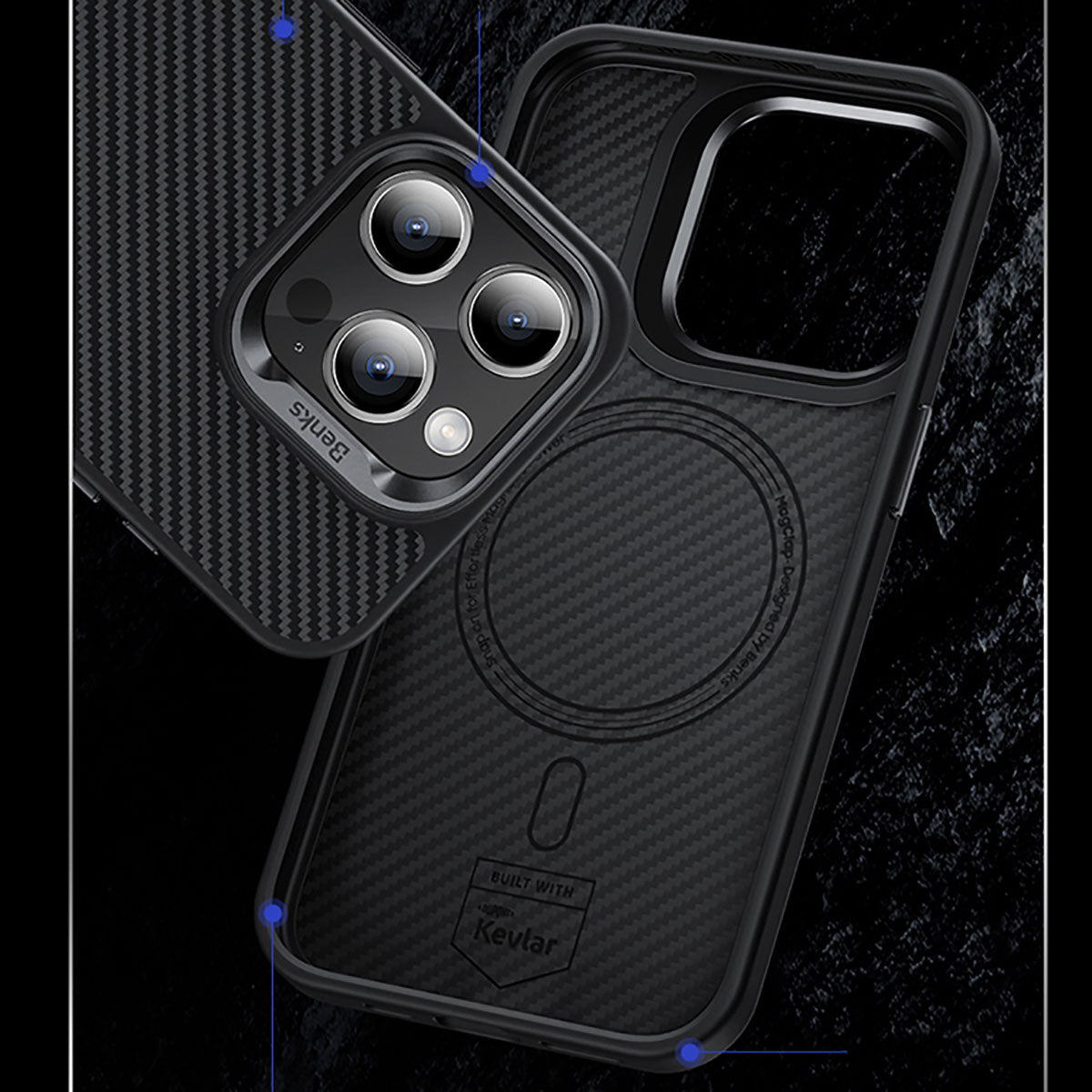 Apple iPhone 15 Pro Max Kılıf Karbon Fiber Magsafe Şarj Özellikli Benks Hybrid ArmorPro 600D Kevlar Kapak Siyah