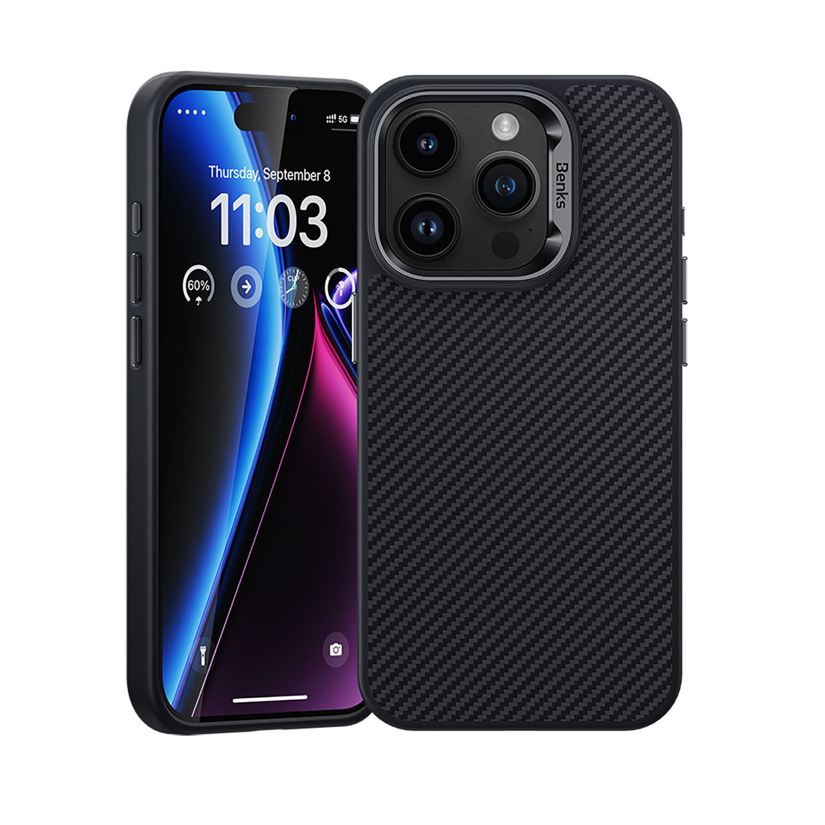 Apple iPhone 15 Pro Max Kılıf Karbon Fiber Magsafe Şarj Özellikli Benks Hybrid ArmorPro 600D Kevlar Kapak Siyah