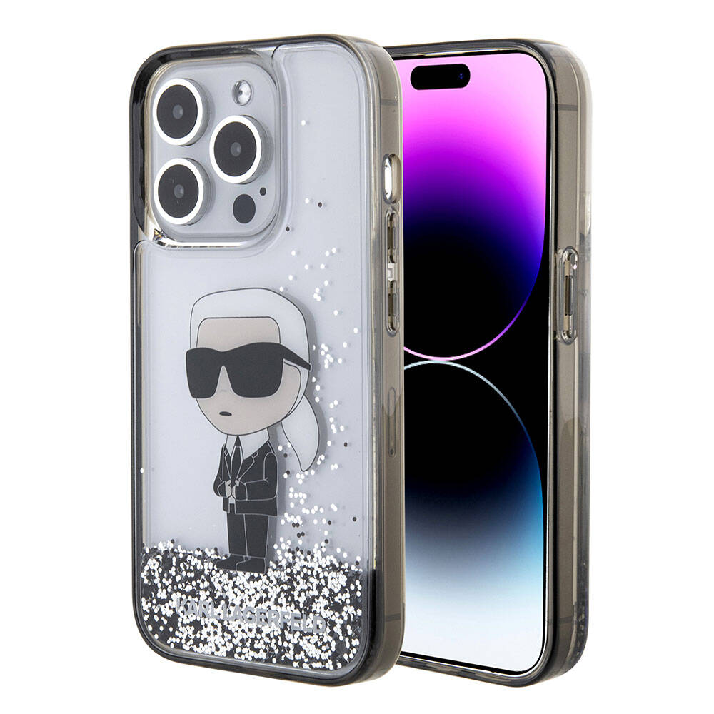 Apple iPhone 15 Pro Max Kılıf Karl Lagerfeld İkonik Sıvılı Glitter Orjinal Lisanslı Kapak Renksiz