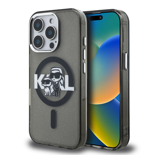 Apple iPhone 15 Pro Max Kılıf Karl Lagerfeld Orjinal Lisanslı Parlayan Simli Karl & Choupette Sketch Logo Kapak Siyah