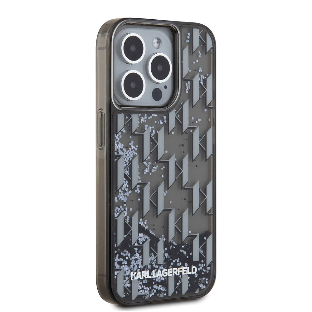 Apple iPhone 15 Pro Max Kılıf Karl Lagerfeld Orjinal Lisanslı Simli KL Yazılı Monogram Gradıent Kapak Siyah