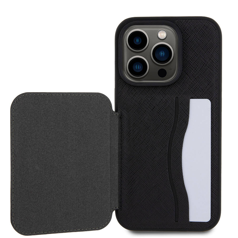 Apple iPhone 15 Pro Max Kılıf Karl Lagerfeld Standlı Kartlıklı Saffiano K&C Metal Logo Orjinal Lisanslı Kapak Siyah