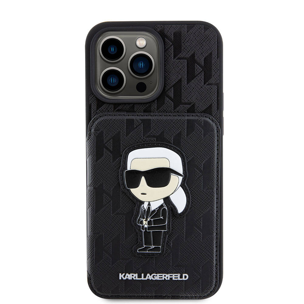 Apple iPhone 15 Pro Max Kılıf Karl Lagerfeld Standlı Kartlıklı Saffiano Monogram İkonik Metal Logo Orjinal Lisanslı Kapak Siyah
