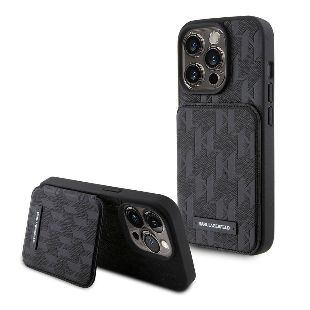 Apple iPhone 15 Pro Max Kılıf Karl Lagerfeld Standlı Kartlıklı Saffiano Monogram Metal Logo Orjinal Lisanslı Kapak Siyah