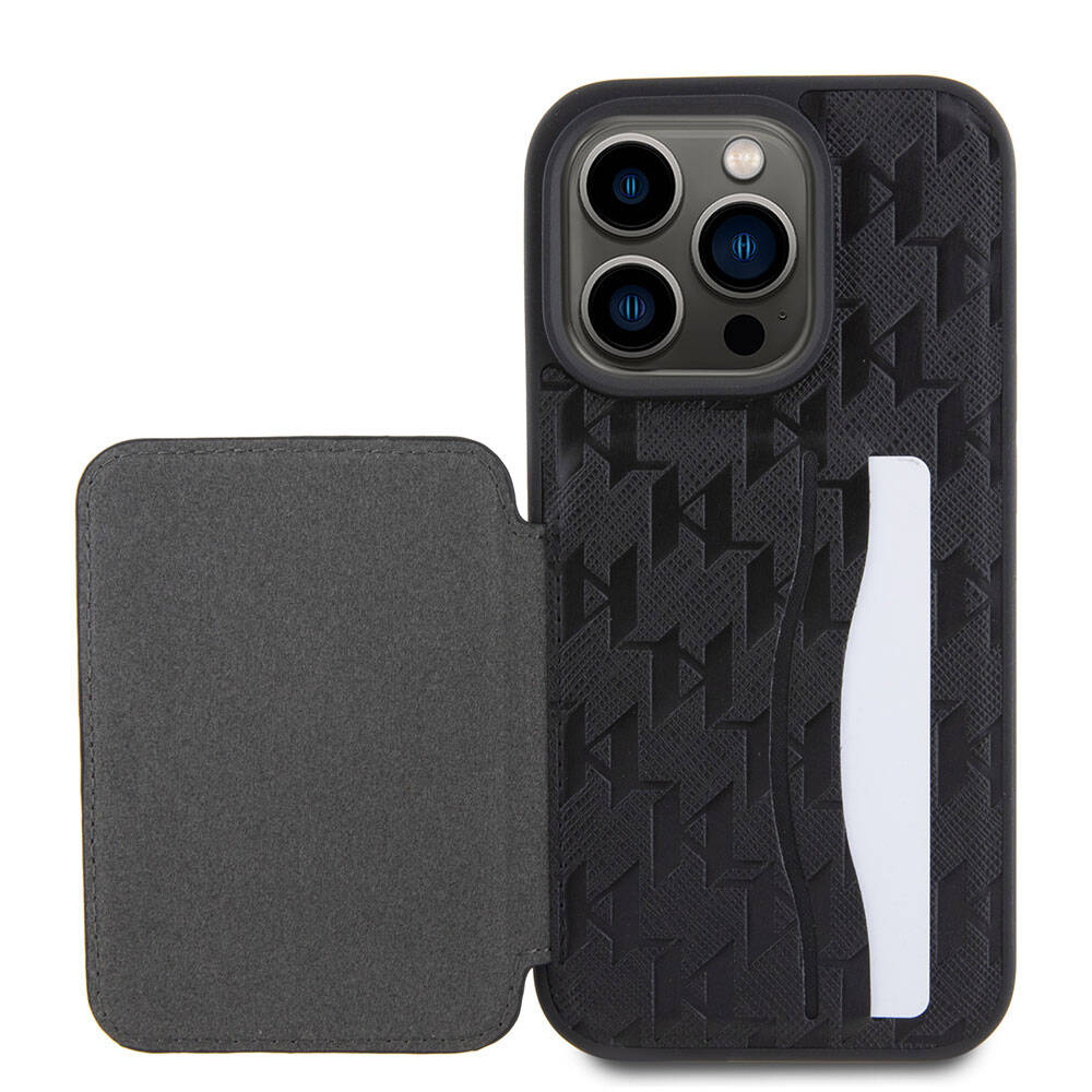 Apple iPhone 15 Pro Max Kılıf Karl Lagerfeld Standlı Kartlıklı Saffiano Monogram Metal Logo Orjinal Lisanslı Kapak Siyah