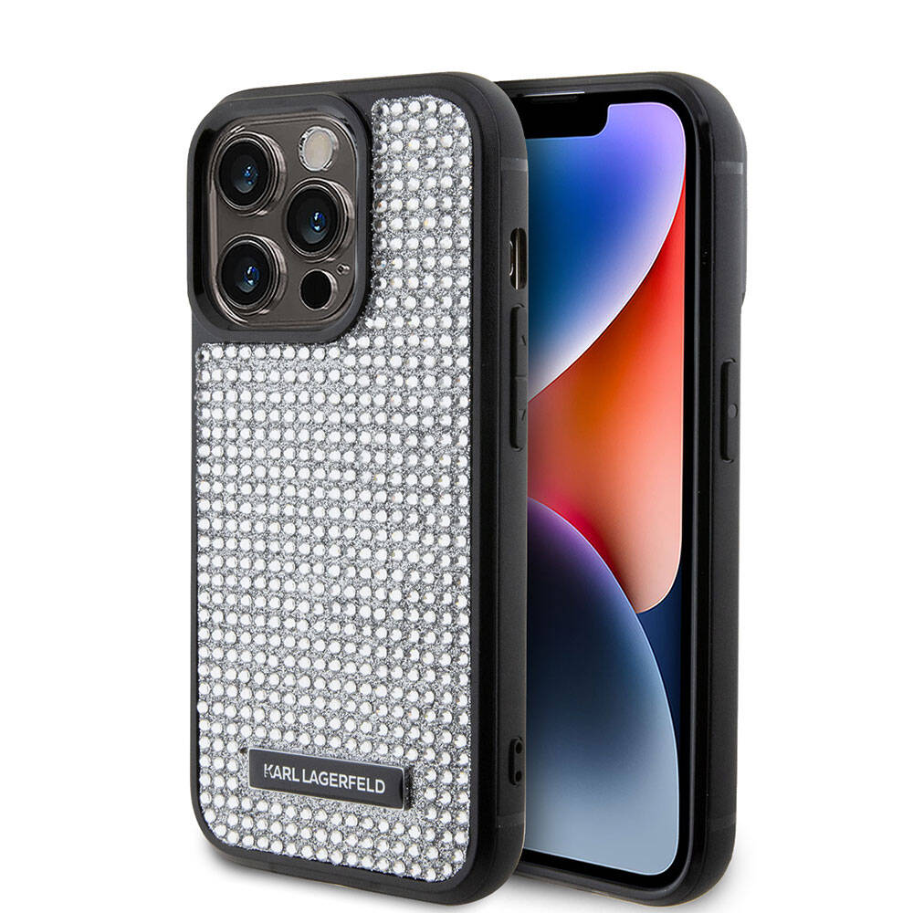 Apple iPhone 15 Pro Max Kılıf Karl Lagerfeld Taşlı Metal Logo Orjinal Lisanslı Kapak Siyah