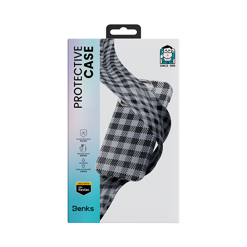 Apple iPhone 15 Pro Max Kılıf M-safe Şarj Özellikli Ekose Tasarımlı Benks ArmorVichy Kevlar Kapak Kırmızı