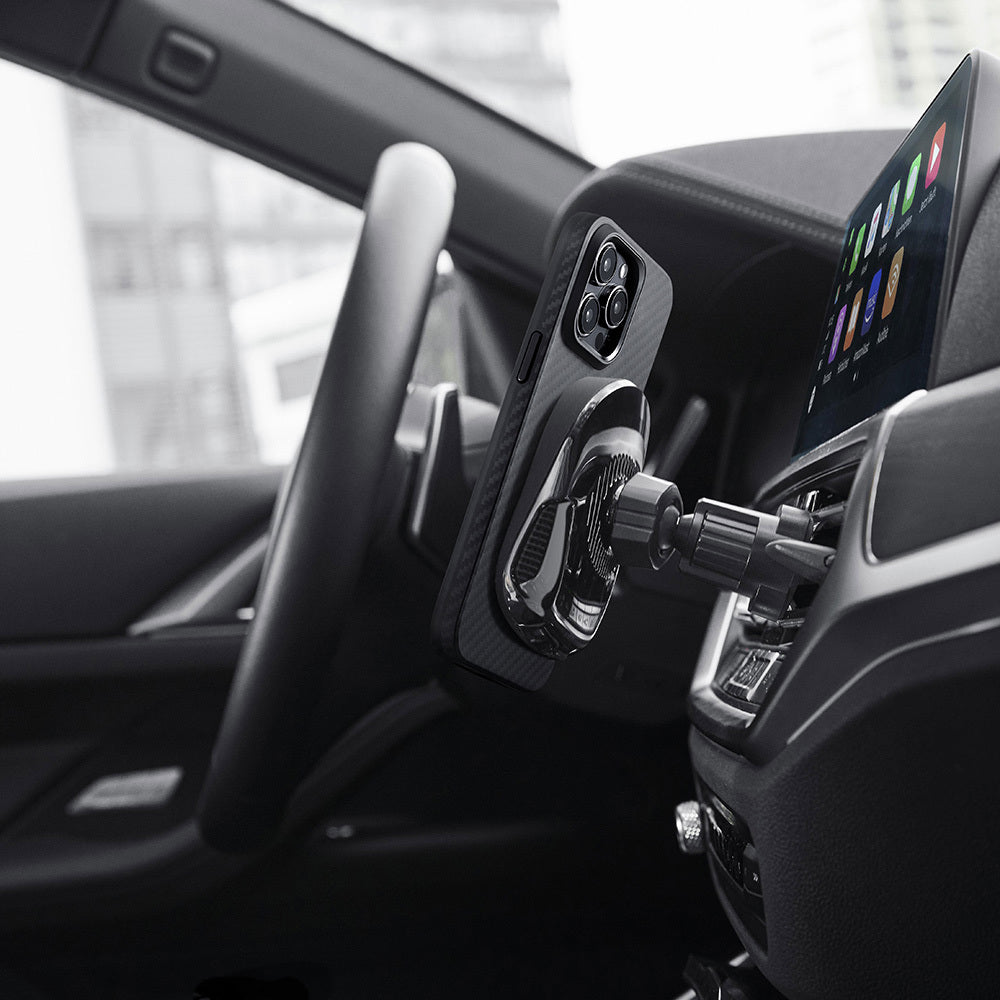 Apple iPhone 15 Pro Max Kılıf Magsafe Şarj Özellikli 1500D Aramid Fiber Pitaka Military-Grade Classic Serisi Black-Grey Twill Kapak Siyah-Mavi