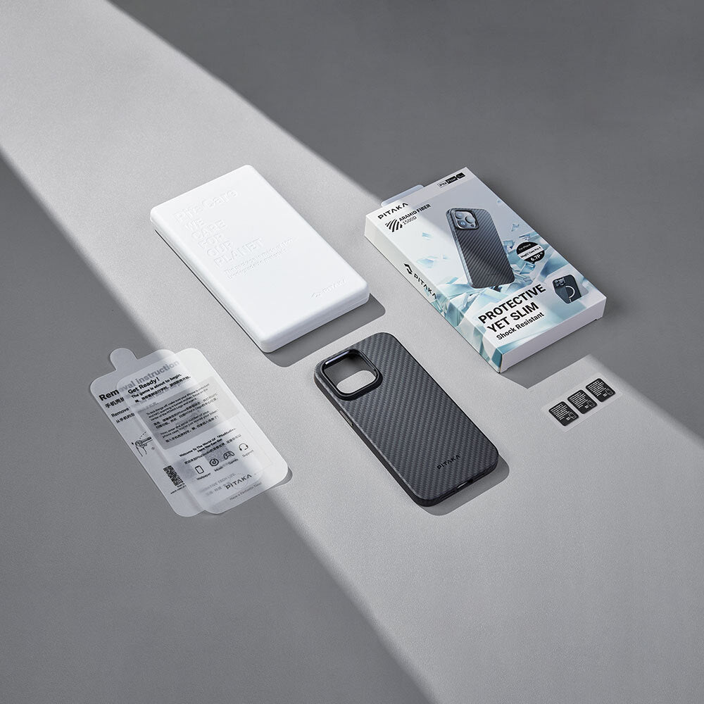 Apple iPhone 15 Pro Max Kılıf Magsafe Şarj Özellikli 1500D Aramid Fiber Pitaka Military-Grade Classic Serisi Black-Grey Twill Kapak Siyah-Mavi