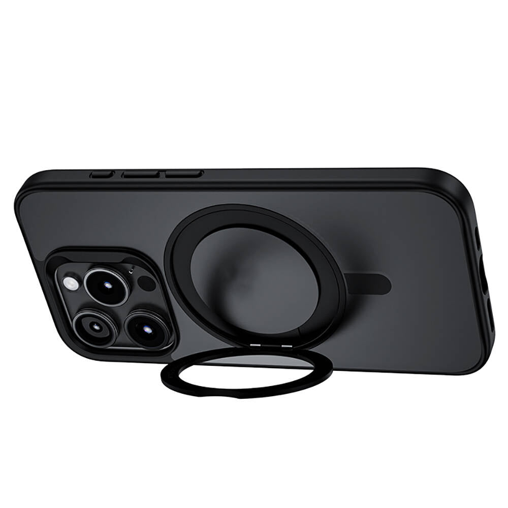 Apple iPhone 15 Pro Max Kılıf Magsafe Şarj Özellikli 360° Dönebilen Benks Pop Stand Kapak Siyah