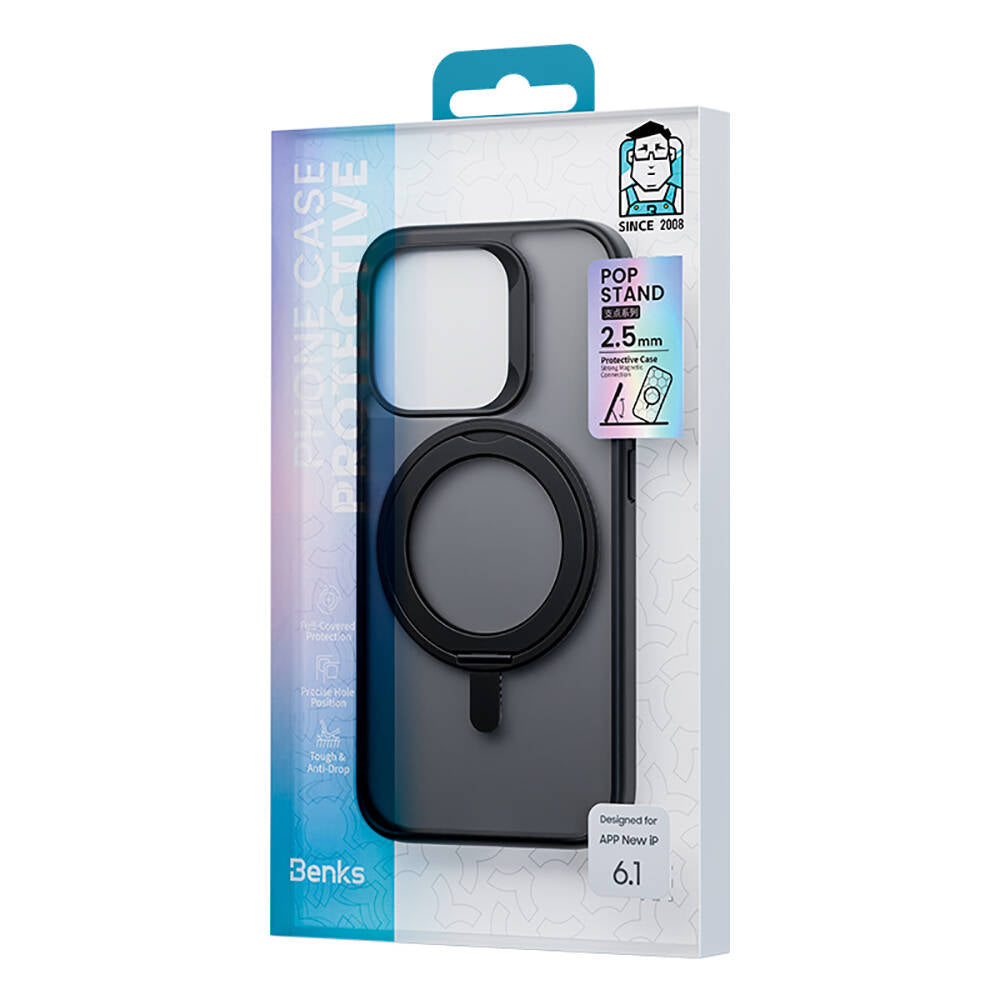 Apple iPhone 15 Pro Max Kılıf Magsafe Şarj Özellikli 360° Dönebilen Benks Pop Stand Kapak Siyah