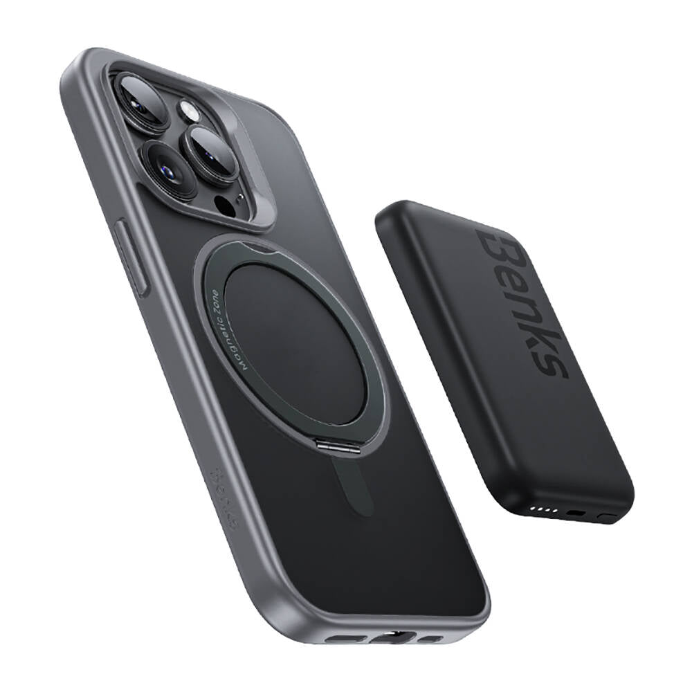 Apple iPhone 15 Pro Max Kılıf Magsafe Şarj Özellikli 360° Dönebilen Benks Pop Stand Kapak Siyah
