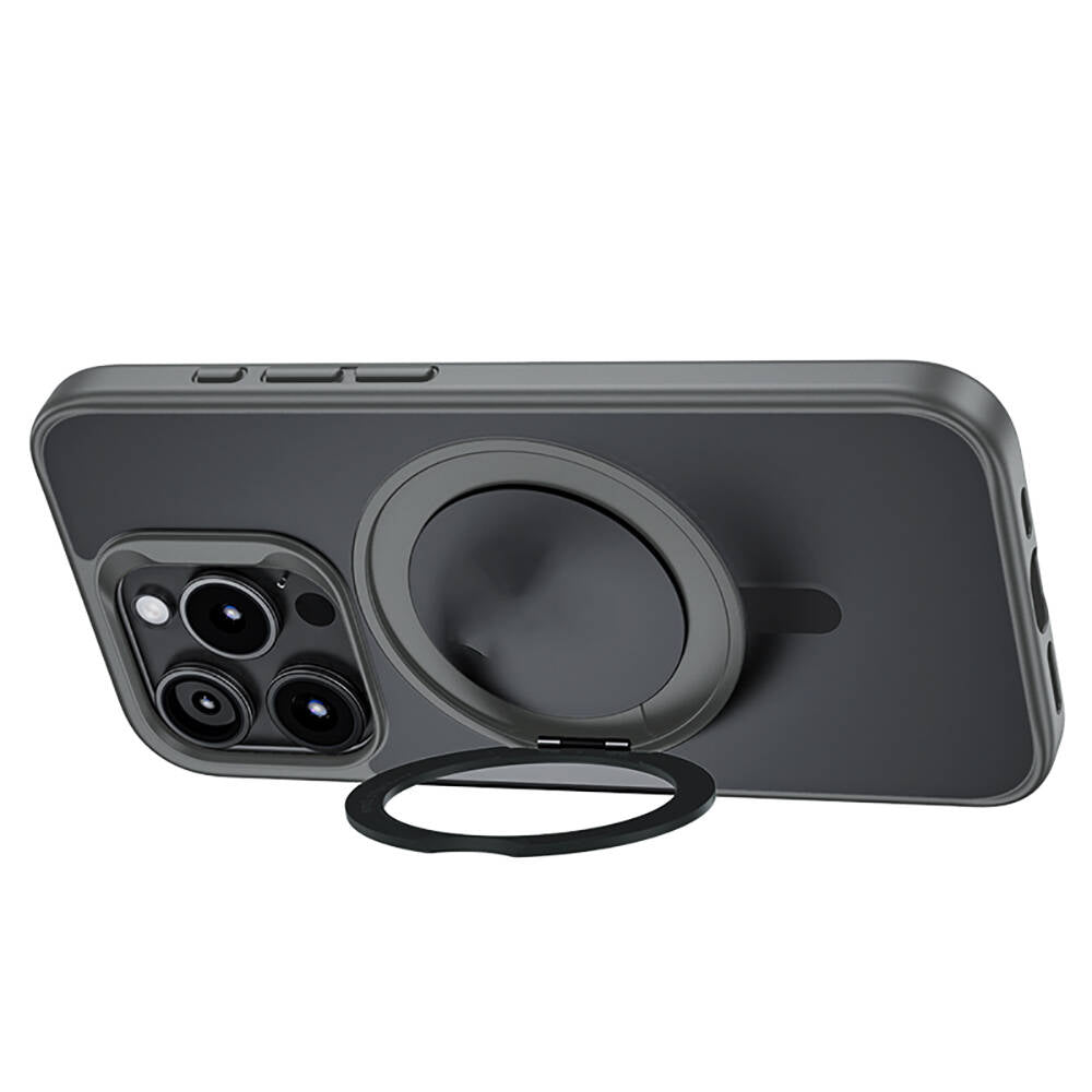 Apple iPhone 15 Pro Max Kılıf Magsafe Şarj Özellikli 360° Dönebilen Benks Pop Stand Kapak Gri