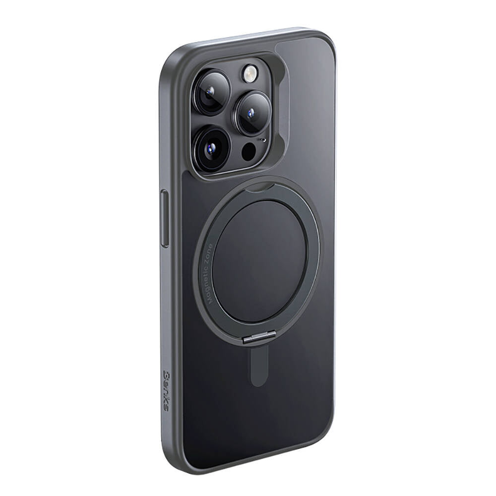 Apple iPhone 15 Pro Max Kılıf Magsafe Şarj Özellikli 360° Dönebilen Benks Pop Stand Kapak Gri