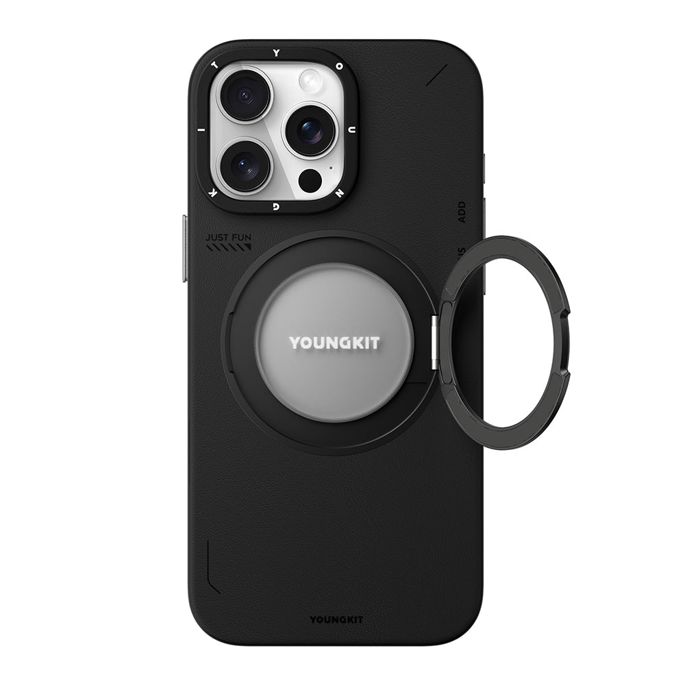 Apple iPhone 15 Pro Max Kılıf Magsafe Şarj Özellikli 360° Standlı Basit Mat Deri Desenli Youngkit Tech Leather Serisi Kapak Siyah