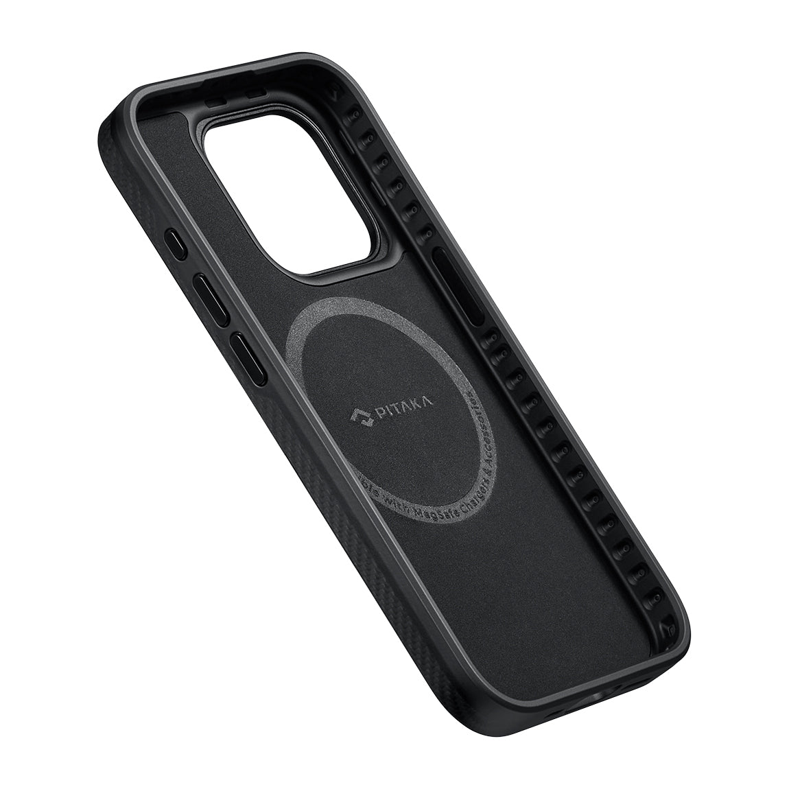 Apple iPhone 15 Pro Max Kılıf Magsafe Şarj Özellikli 600D Aramid Fiber Pitaka Military-Grade Classic Serisi Black-Grey Twill Kapak Siyah-Gri