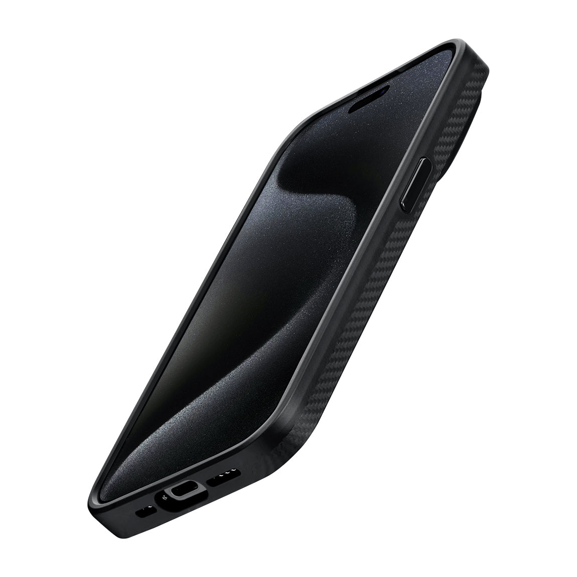 Apple iPhone 15 Pro Max Kılıf Magsafe Şarj Özellikli 600D Aramid Fiber Pitaka Military-Grade Classic Serisi Black-Grey Twill Kapak Siyah-Gri