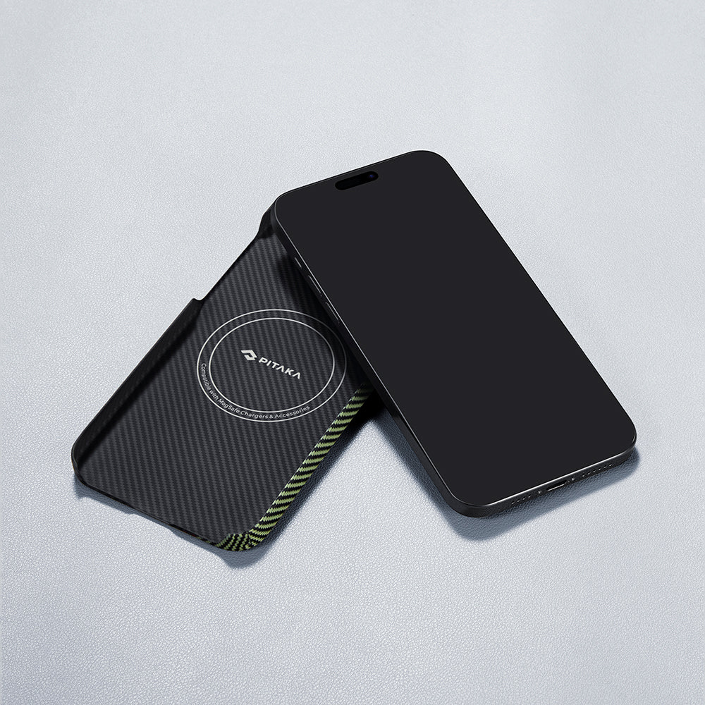 Apple iPhone 15 Pro Max Kılıf Magsafe Şarj Özellikli 600D Aramid Fiber Pitaka Tactile Woven Orchestra Serisi Overture Kapak Siyah-Yeşil