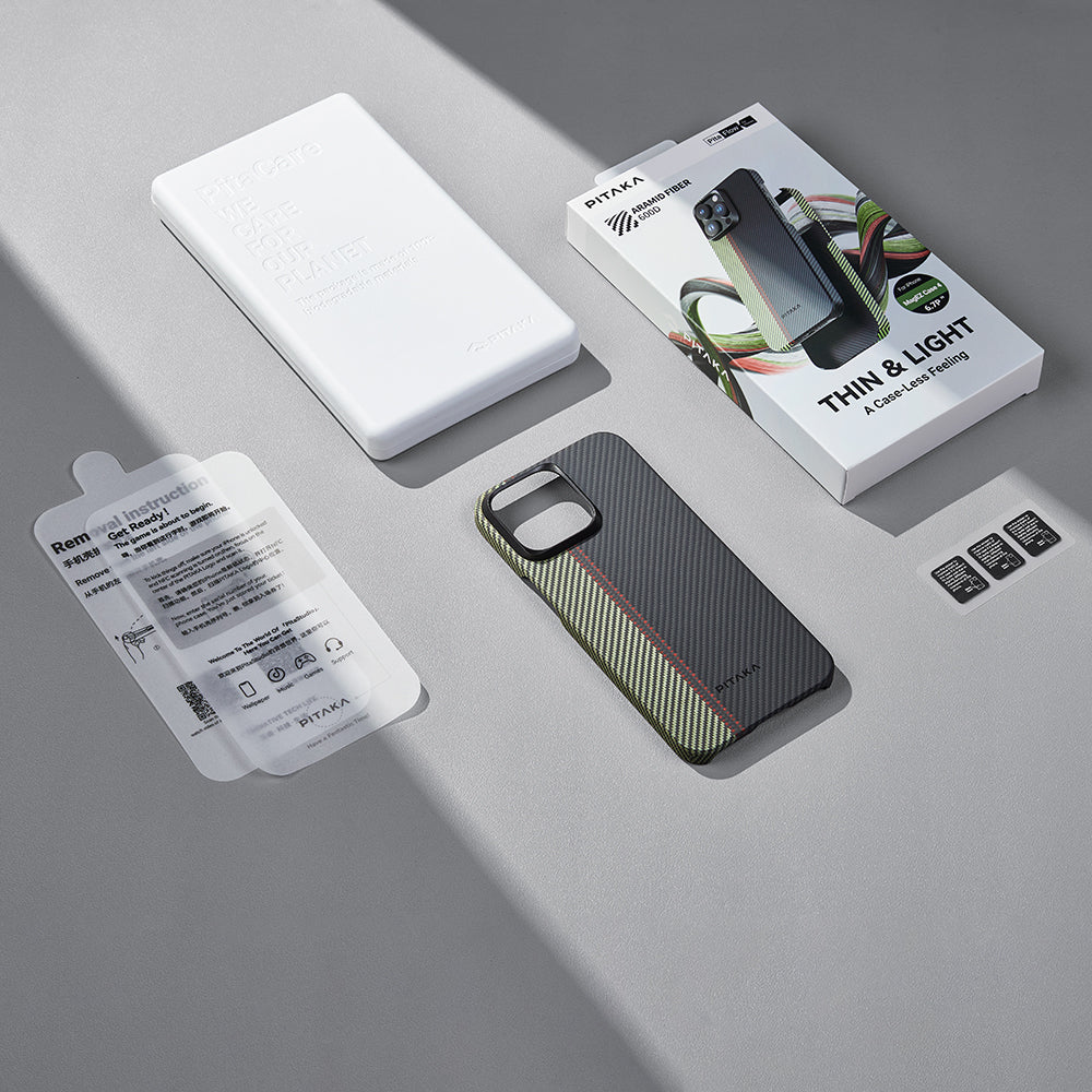 Apple iPhone 15 Pro Max Kılıf Magsafe Şarj Özellikli 600D Aramid Fiber Pitaka Tactile Woven Orchestra Serisi Overture Kapak Siyah-Yeşil