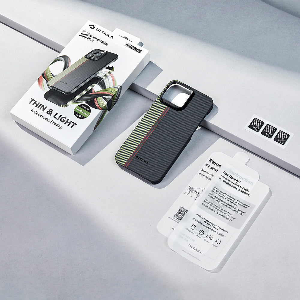 Apple iPhone 15 Pro Max Kılıf Magsafe Şarj Özellikli 600D Aramid Fiber Pitaka Tactile Woven Orchestra Serisi Overture Kapak Siyah-Yeşil