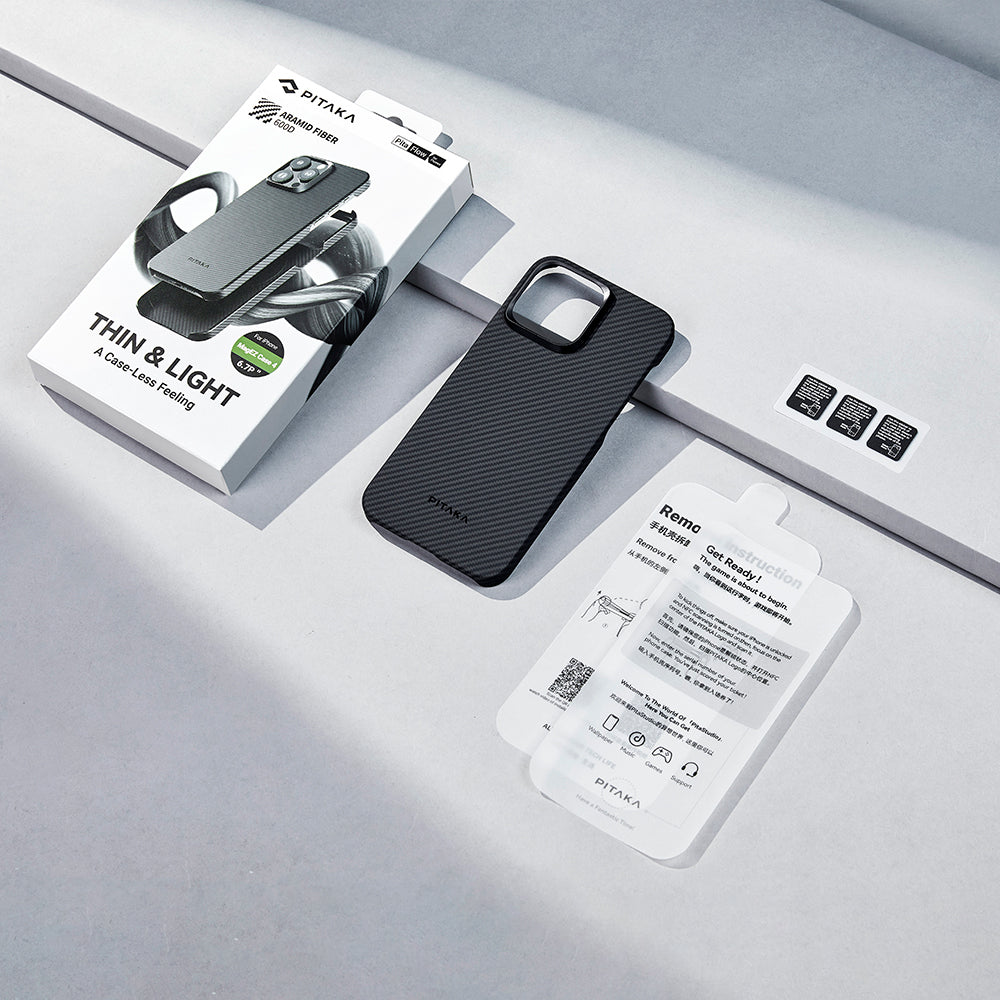 Apple iPhone 15 Pro Max Kılıf Magsafe Şarj Özellikli 600D Aramid Fiber Pitaka Ultra-Slim Classic Serisi Black-Grey Twill Kapak Siyah-Gri