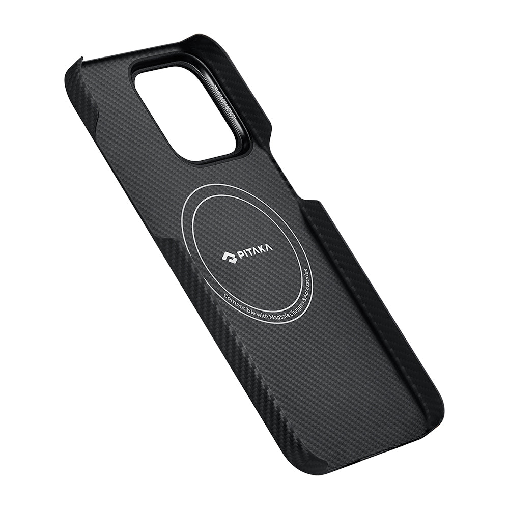 Apple iPhone 15 Pro Max Kılıf Magsafe Şarj Özellikli 600D Aramid Fiber Pitaka Ultra-Slim Classic Serisi Black-Grey Twill Kapak Siyah-Gri