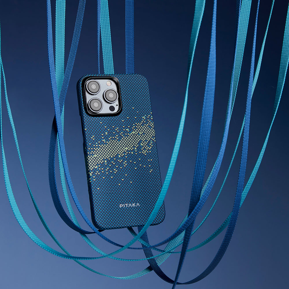 Apple iPhone 15 Pro Max Kılıf Magsafe Şarj Özellikli Aramid Fiber Pitaka Tactile Woven Starpeak Serisi Milky Way Galaxy Kapak Mavi