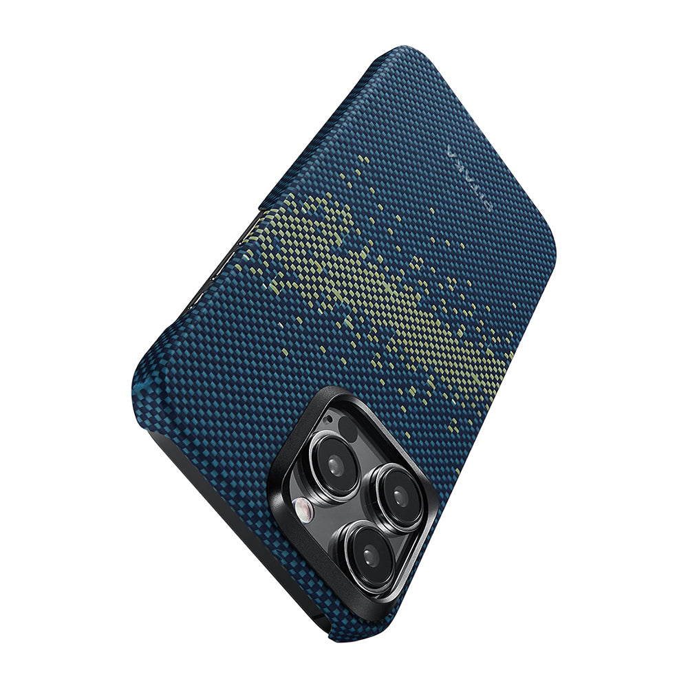 Apple iPhone 15 Pro Max Kılıf Magsafe Şarj Özellikli Aramid Fiber Pitaka Tactile Woven Starpeak Serisi Milky Way Galaxy Kapak Mavi