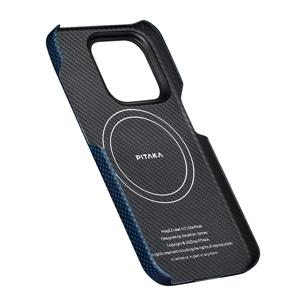 Apple iPhone 15 Pro Max Kılıf Magsafe Şarj Özellikli Aramid Fiber Pitaka Tactile Woven Starpeak Serisi Over The Horizon Kapak Mavi