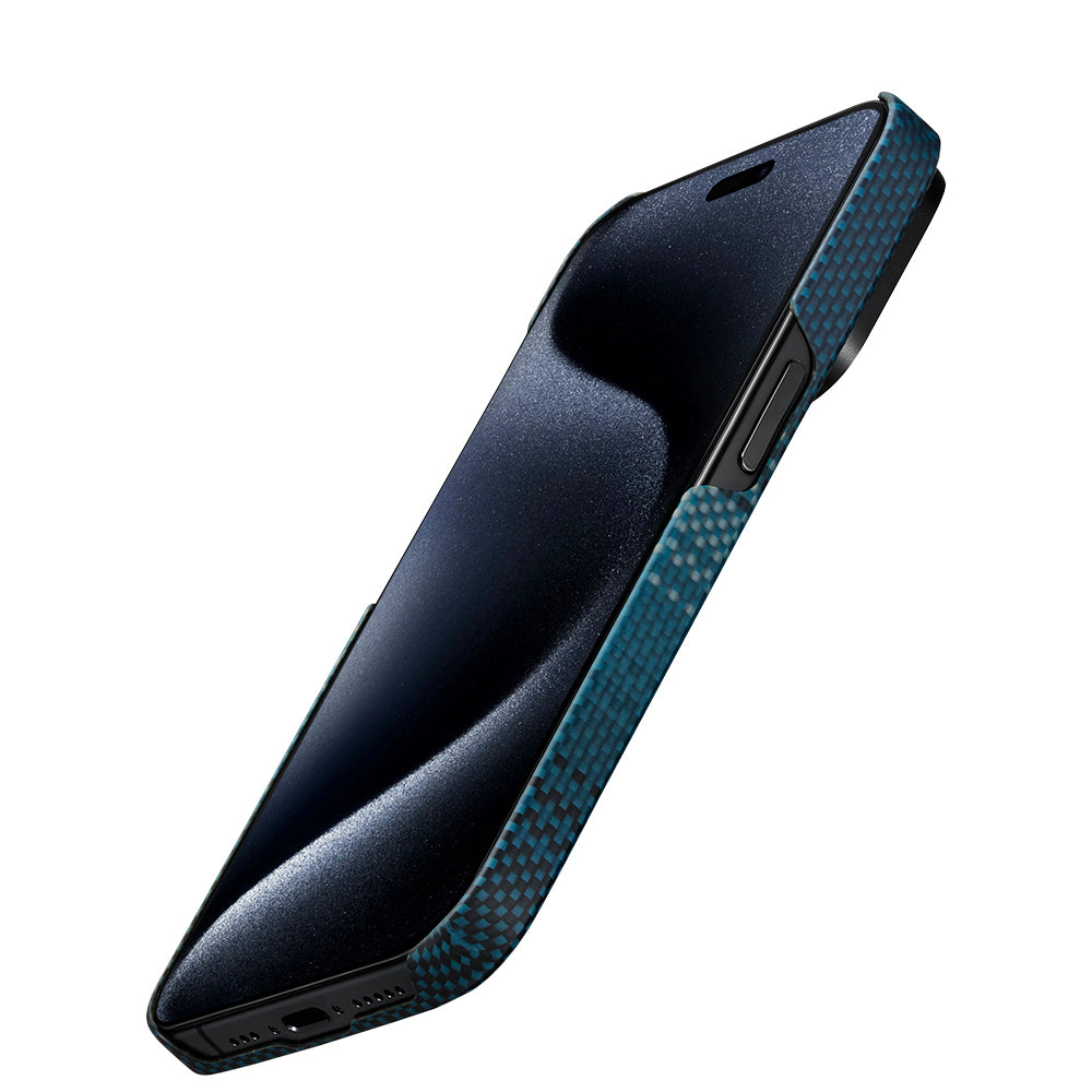 Apple iPhone 15 Pro Max Kılıf Magsafe Şarj Özellikli Aramid Fiber Pitaka Tactile Woven Sunset-Moonrise Serisi Moonrise Kapak Mavi