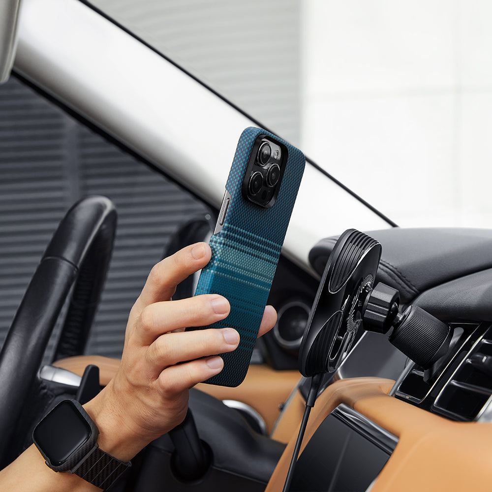 Apple iPhone 15 Pro Max Kılıf Magsafe Şarj Özellikli Aramid Fiber Pitaka Tactile Woven Sunset-Moonrise Serisi Moonrise Kapak Mavi