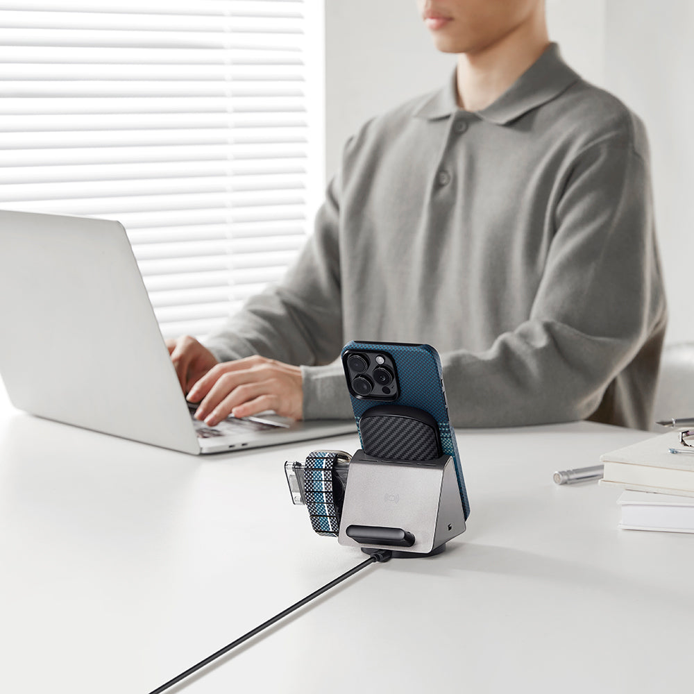 Apple iPhone 15 Pro Max Kılıf Magsafe Şarj Özellikli Aramid Fiber Pitaka Tactile Woven Sunset-Moonrise Serisi Moonrise Kapak Mavi