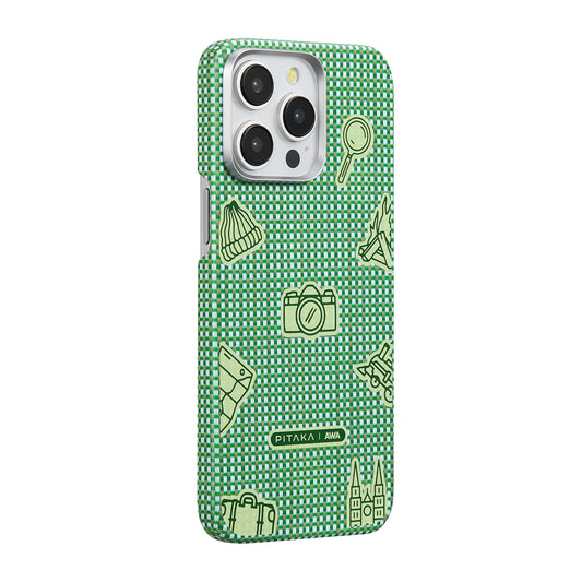 Apple iPhone 15 Pro Max Kılıf Magsafe Şarj Özellikli Awa Tasarımlı 1500D Aramid Fiber Pitaka Ultra-Slim Classic Serisi Forest Kapak Yeşil