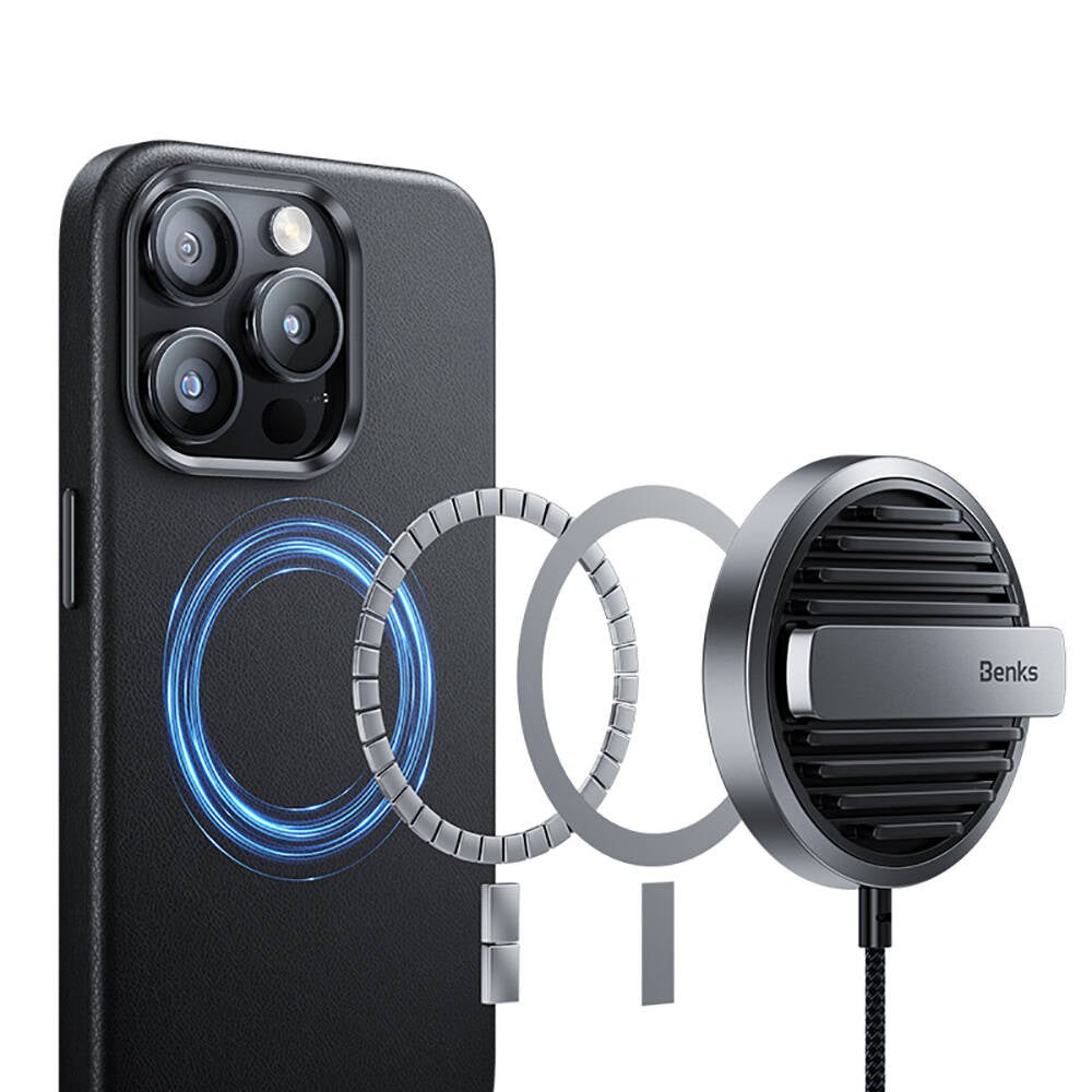 Apple iPhone 15 Pro Max Kılıf Magsafe Şarj Özellikli Benks Vintage Leather Kapak Gri